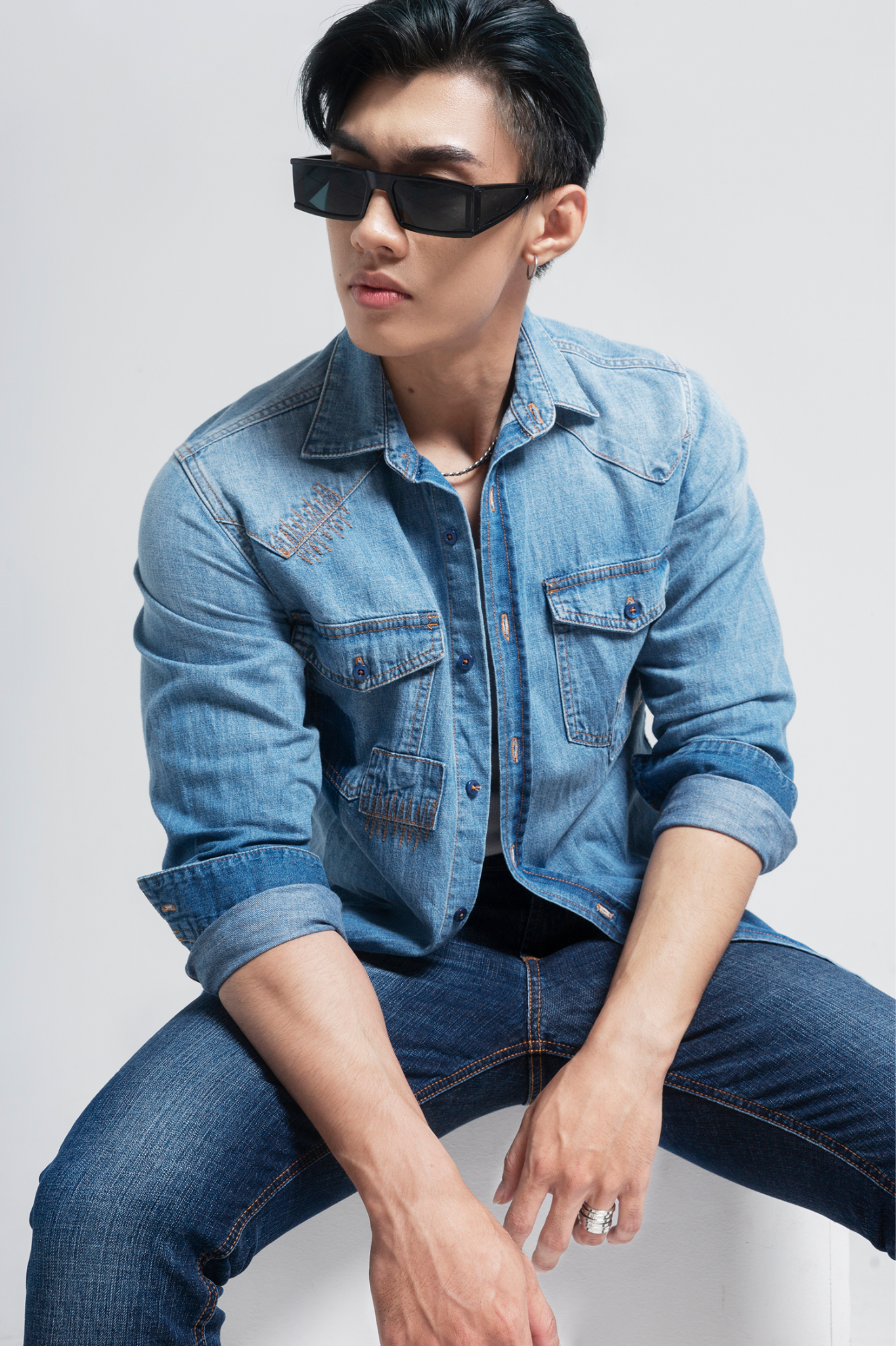 Áo Sơ Mi Nam Denim. Patchwork Denim Shirt - 121MD4034F4930