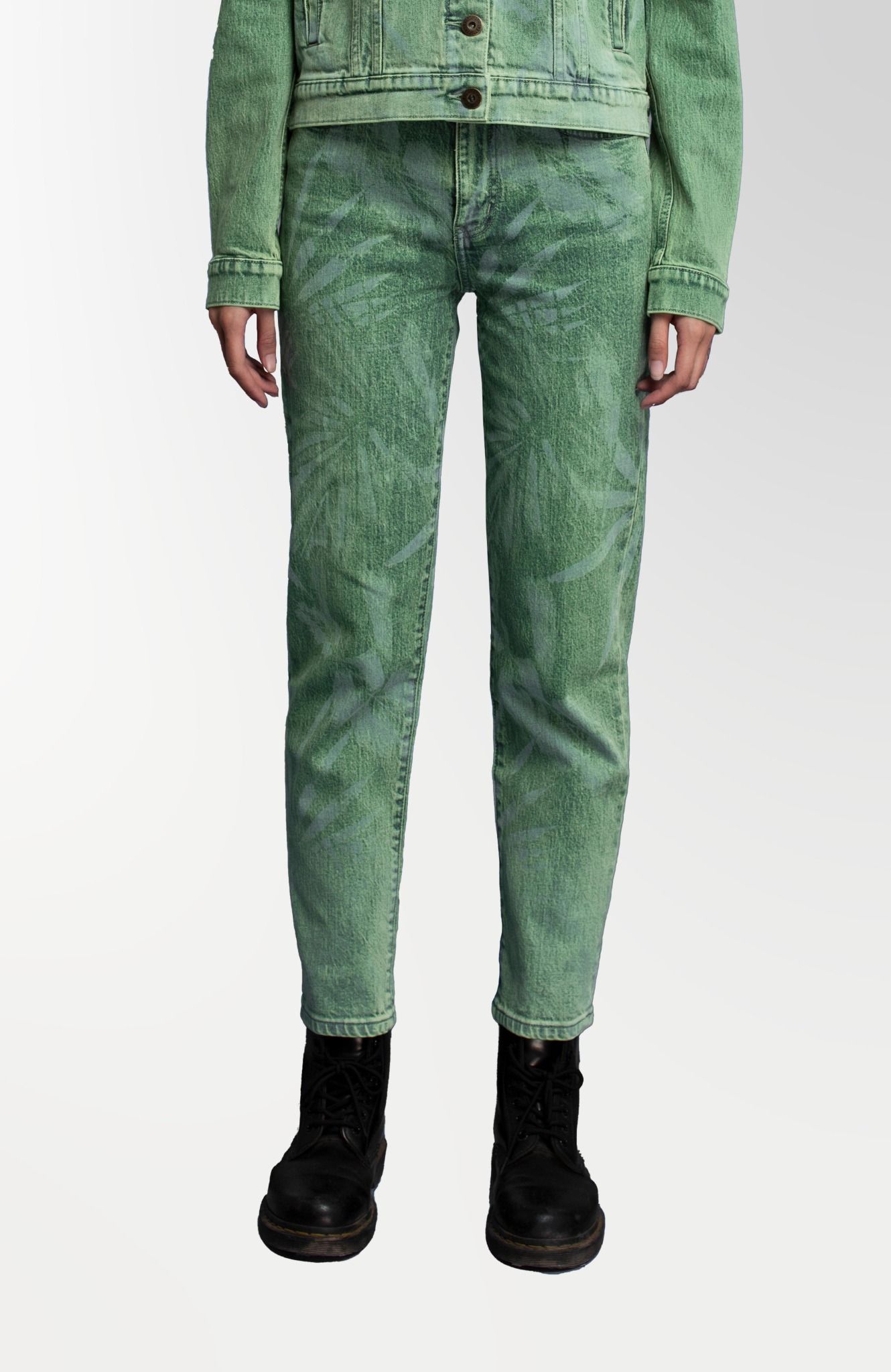 Quần Jeans Nữ Dáng Suông Nhuộm Xanh Laser Hoa Lá. Women's Wide-Leg Denim Jeans in Laser-Printed Leaf Green - 122WD1083A2