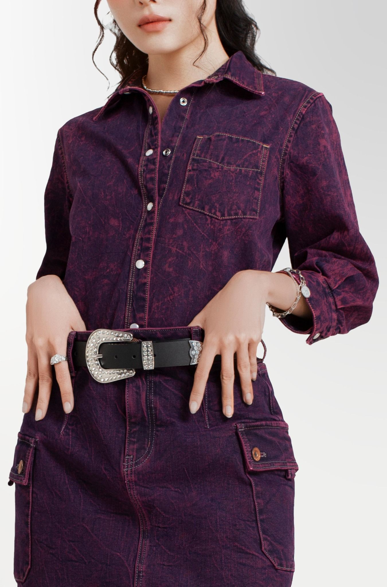 Áo Sơ Mi Nữ Dáng Vừa Nhuộm Phun Màu Tím - Women's Regular Fit Purple Shirt With Dyed Scarf Tie - 123WD1039F1