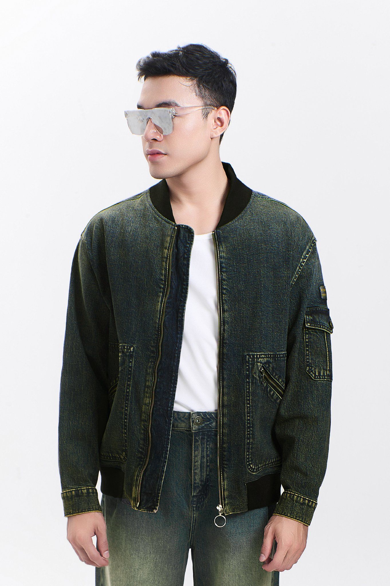 Áo Khoác Nam Dáng Bomber Dây Kéo Màu Wash Vintage Dark Blue - 124MD3044F3