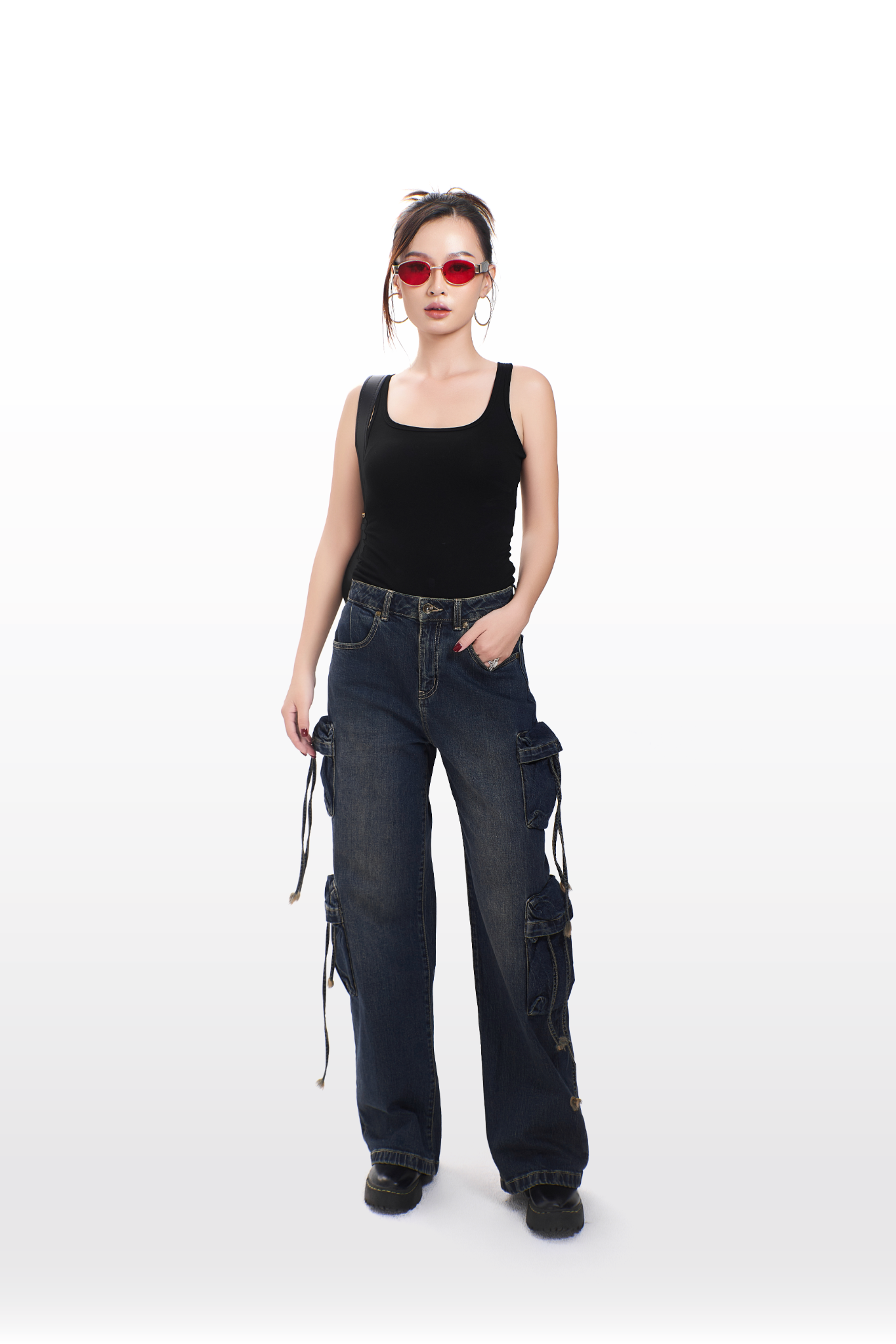 Quần Jeans Nữ Túi Hộp Màu Dark Blue Phủ Vàng Vintage - 124WD1089F2970