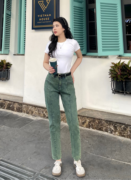 Quần Dài Dáng Baggy Rã Thân Trước Màu Xanh Rêu. Moss Green Baggy Pants with Striped Front - 123WD1089F1370