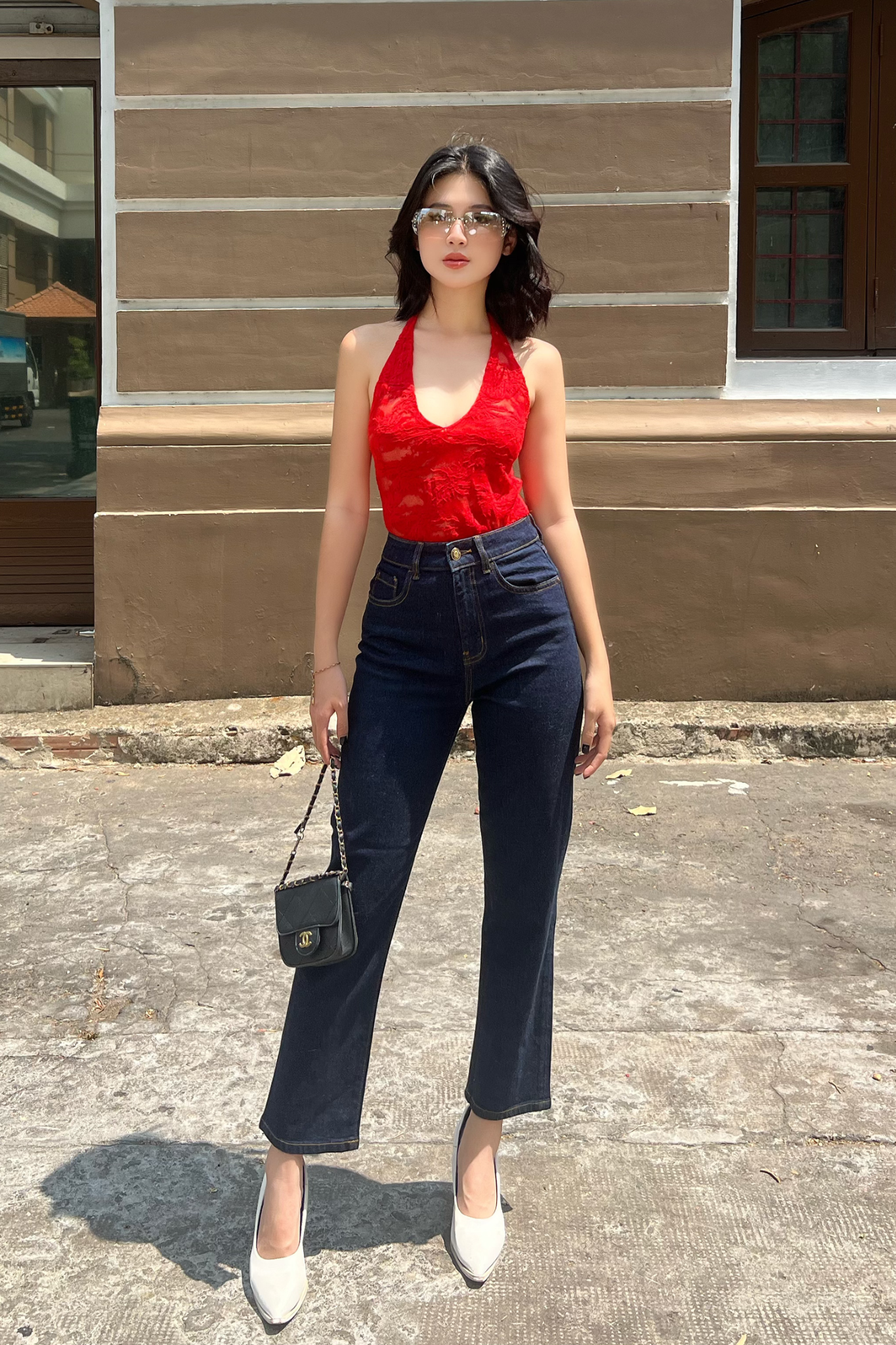 Quần Jeans Lửng Dáng Suông Phối Chỉ Caramel. Caramel Thread Ankle Straight Jeans - 222WD2093B1