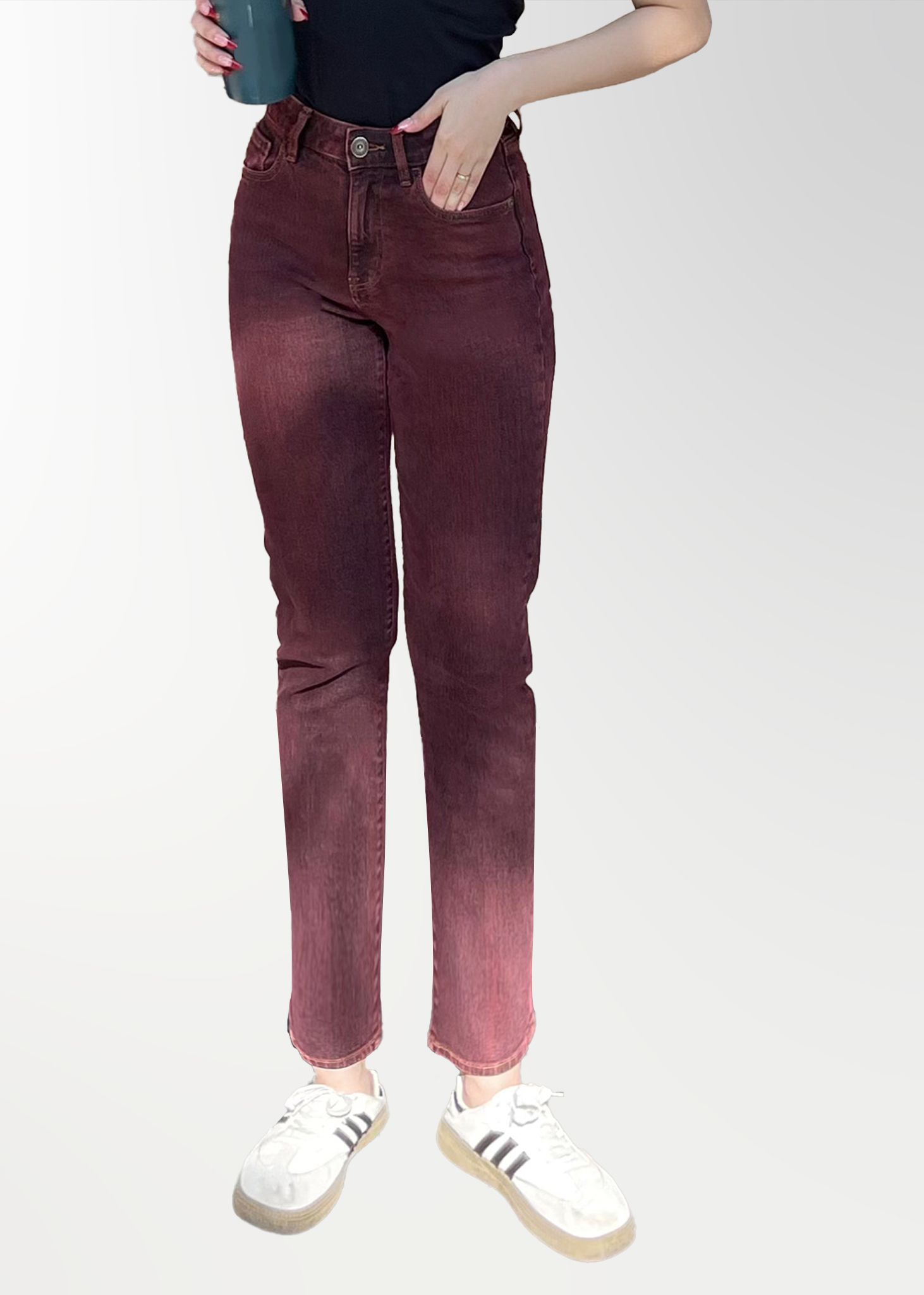 Quần Jeans Nữ Dáng Straight Màu Đỏ Rượu Vang. Wine Red Women's Straight Jeans - 122WD2083F4