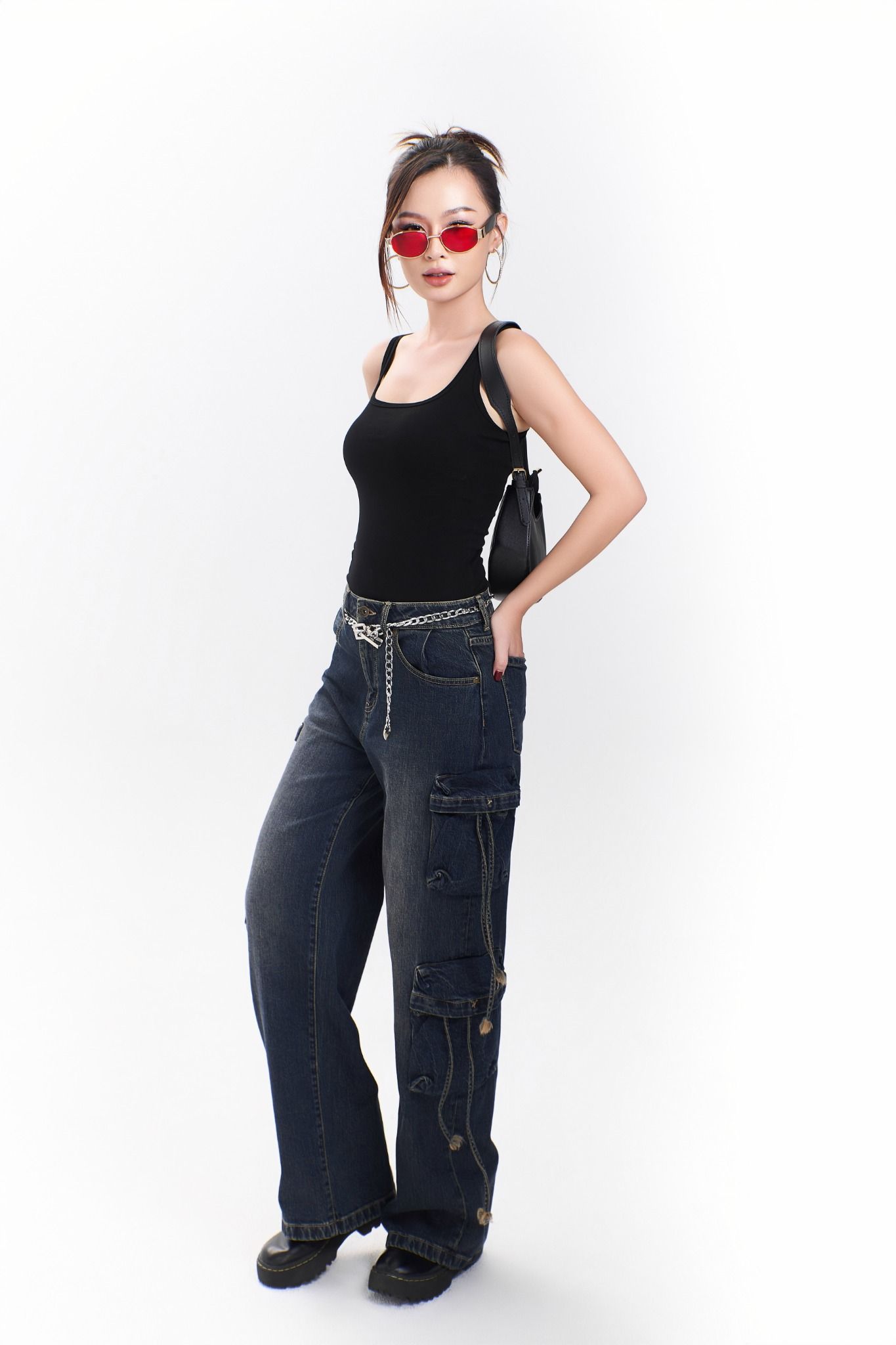 Quần Jeans Nữ Túi Hộp Màu Dark Blue Phủ Vàng Vintage - 124WD1089F2970