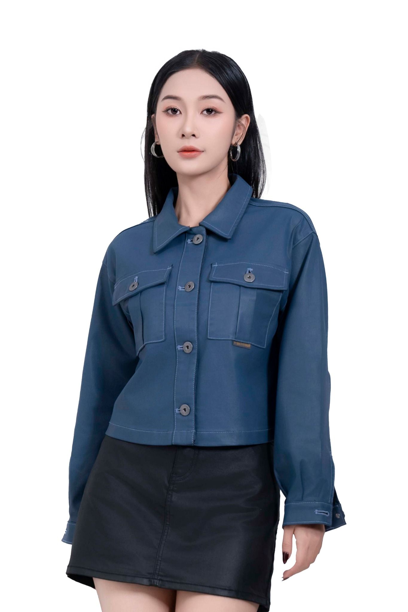 Áo Khoác Nữ Phủ Màu Med Blue Giả Da - Women's Med Blue Faux Leather Jacket - 224WD2044F1950