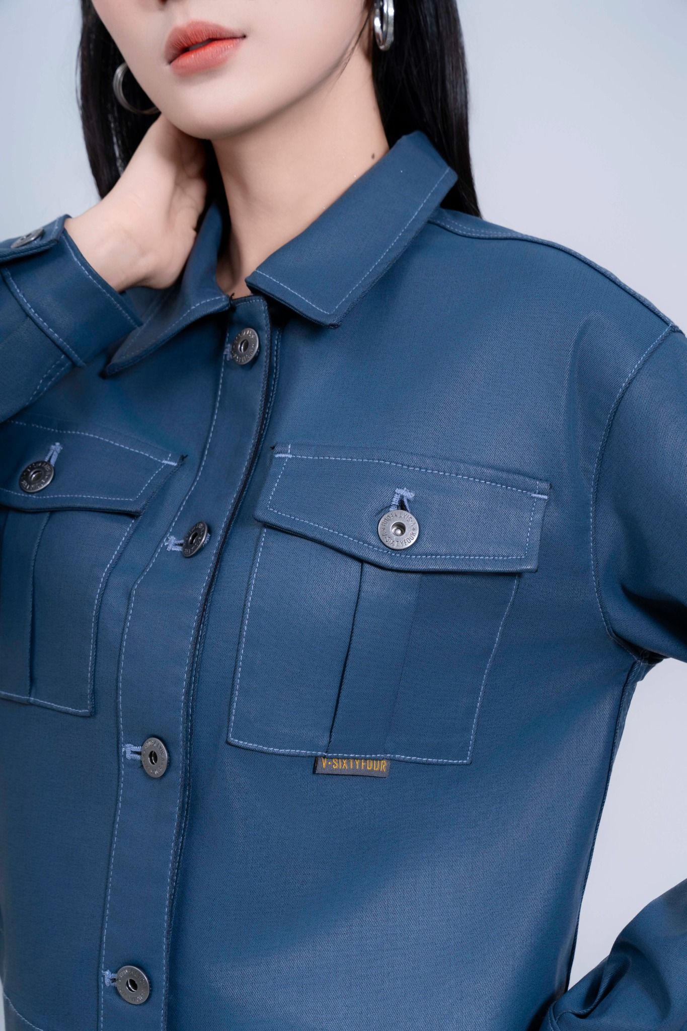 Áo Khoác Nữ Phủ Màu Med Blue Giả Da - Women's Med Blue Faux Leather Jacket - 224WD2044F1950