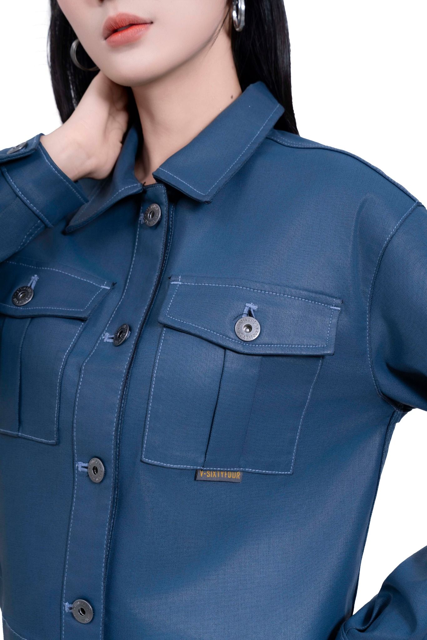 Áo Khoác Nữ Phủ Màu Med Blue Giả Da - Women's Med Blue Faux Leather Jacket - 224WD2044F1950
