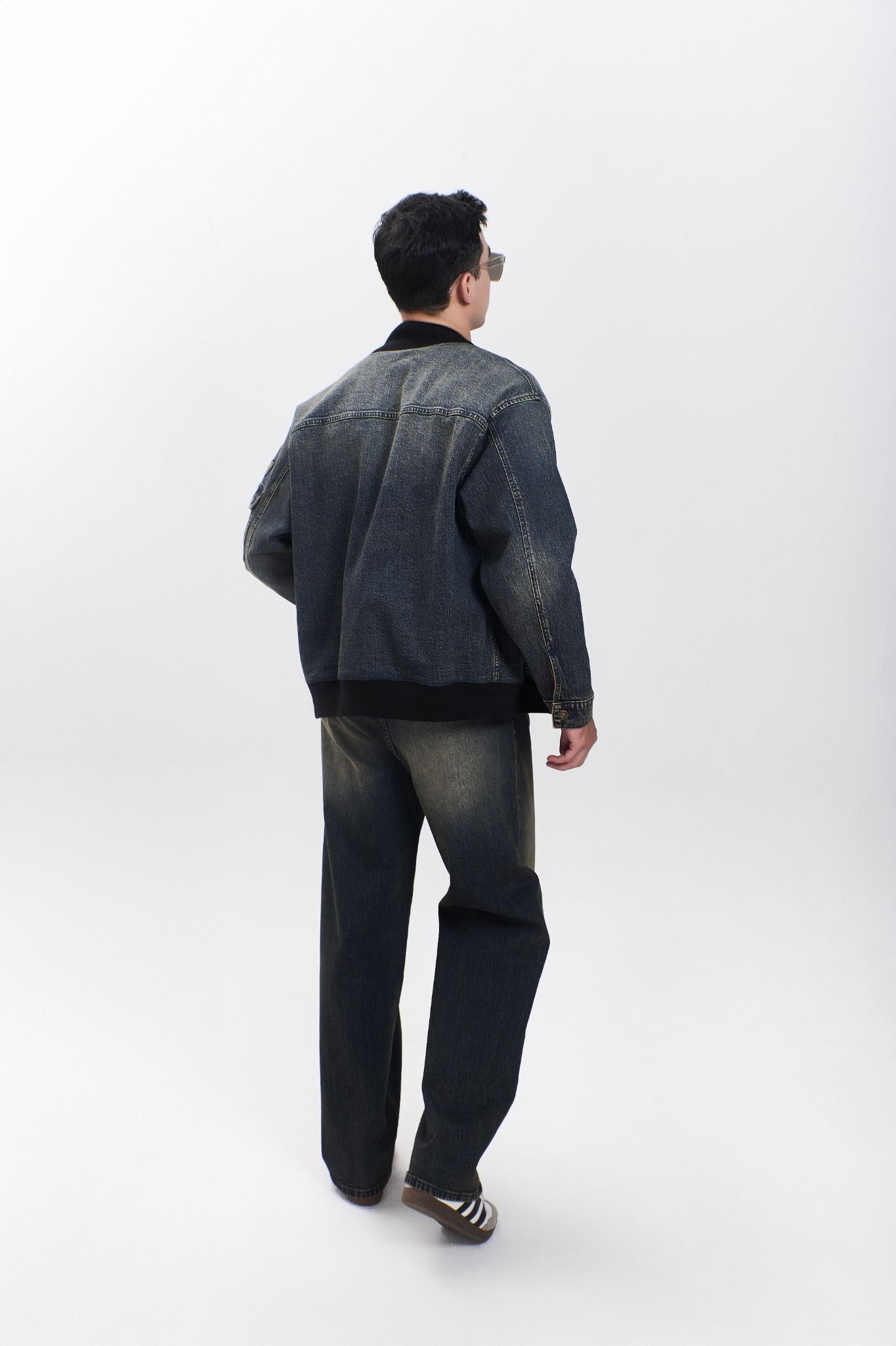 Áo Khoác Nam Dáng Bomber Dây Kéo Màu Wash Vintage Dark Blue - 124MD3044F3