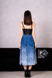 Váy Denim Dáng Xòe Midi Xếp Ly Laser Họa Tiết Nước. Laser Pleated Midi Flared Denim Skirt with Water Pattern - 223WD2115F1930