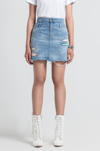 Chân Váy Chữ A Denim Thêu Zigzag. Zigzag Distressed Denim Skirt - 121WD1111A1930