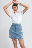 Chân Váy Chữ A Denim Thêu Zigzag. Zigzag Distressed Denim Skirt - 121WD1111A1930