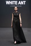 NELLA EMB LACE DRAPED MIDI BLACK DRESS
