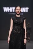 NELLA EMB LACE DRAPED MIDI BLACK DRESS