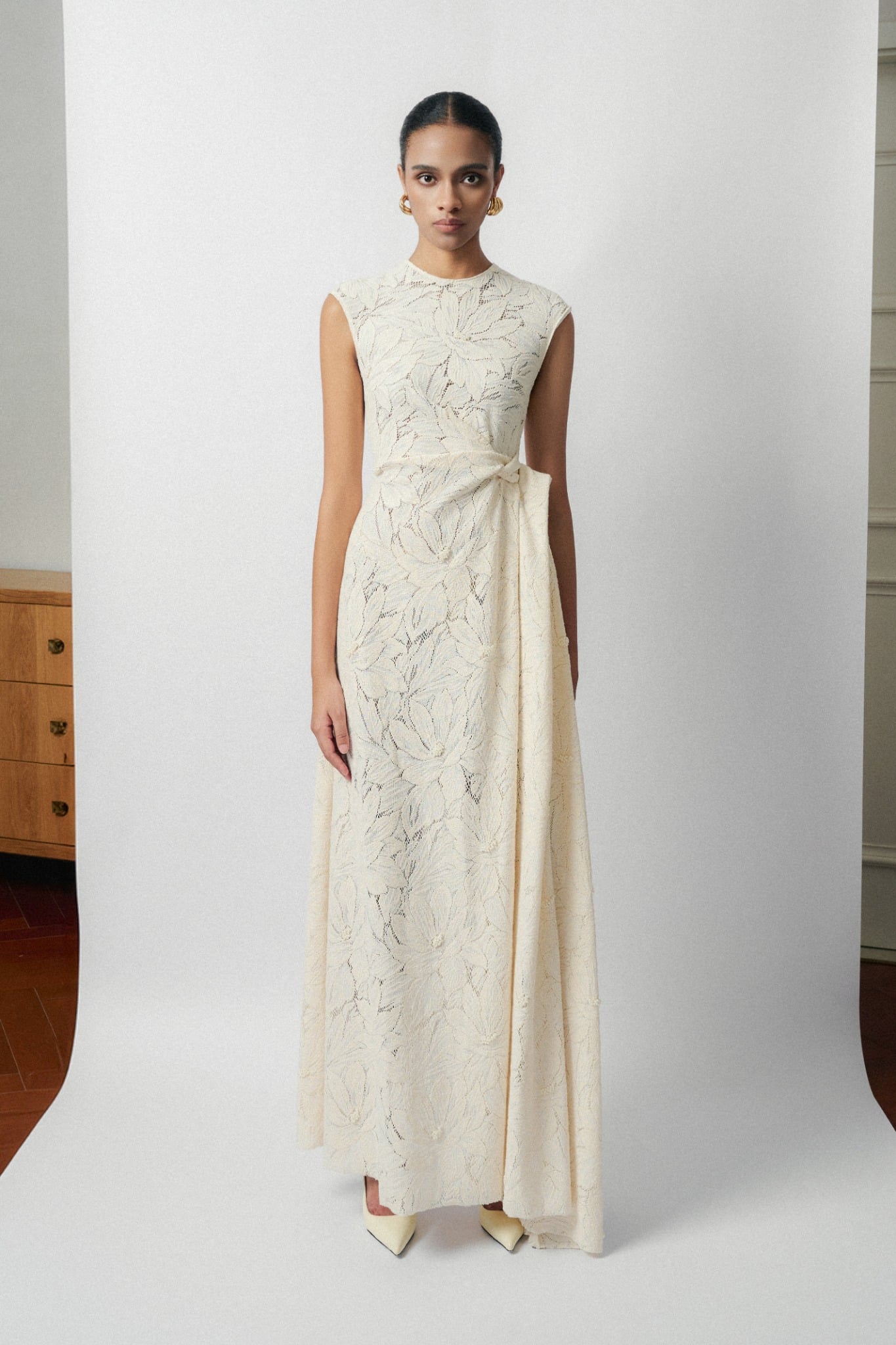  NELLA EMB LACE DRAPED MIDI WHITE DRESS 