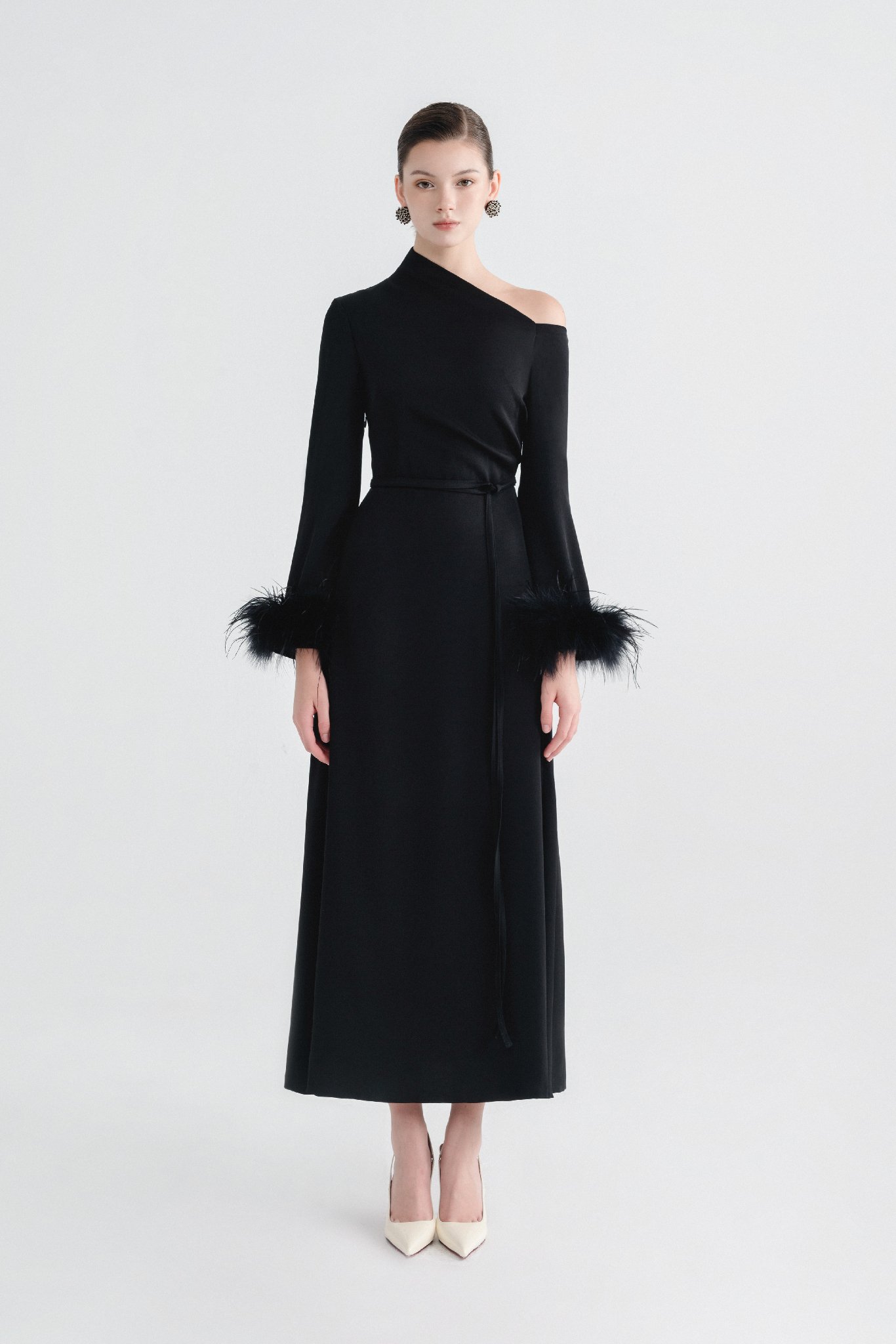  ADELA ONE - SHOULDER FEATHER MIDI DRESS 