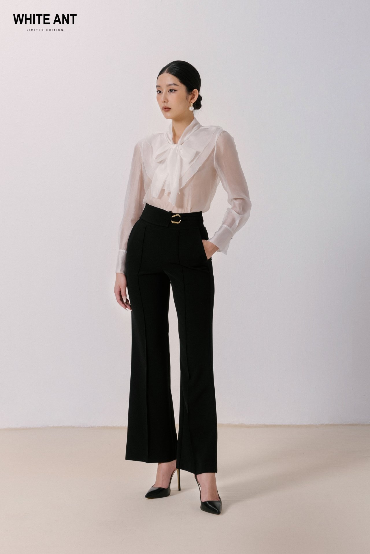  Quần Suông Đen Phối Cạp Nữ White Ant  EZRA STRAIGHT TROUSERS 160200109.100 