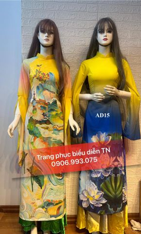  AD15 - Trang phục Áo Dài Vàng Loang Xanh Tay Xẻ 