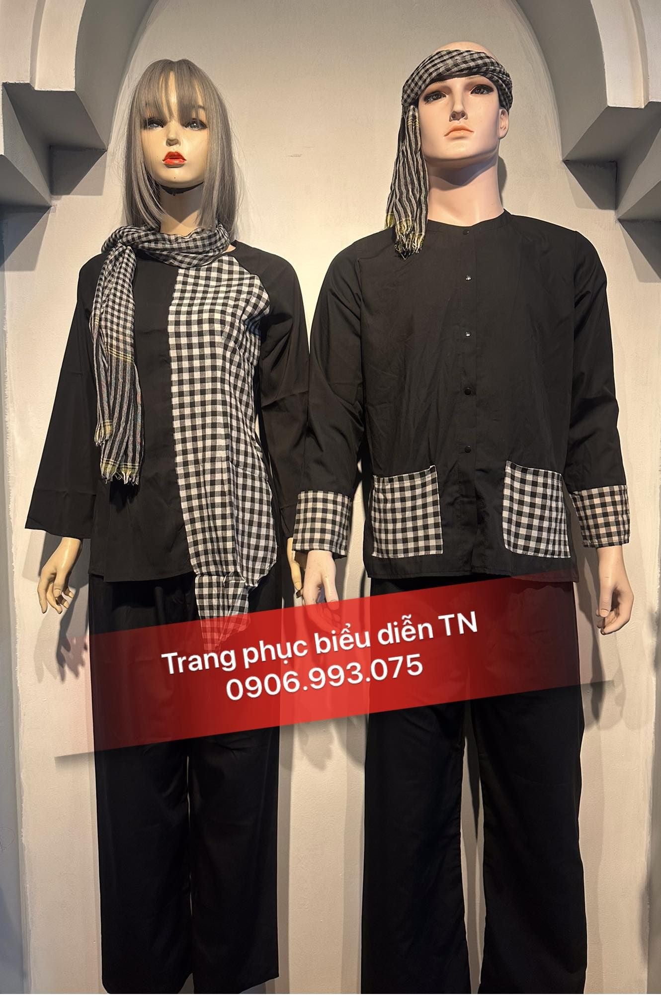 ABB10 - Áo bà ba nam kate đen phối caro, nữ lụa phối caro