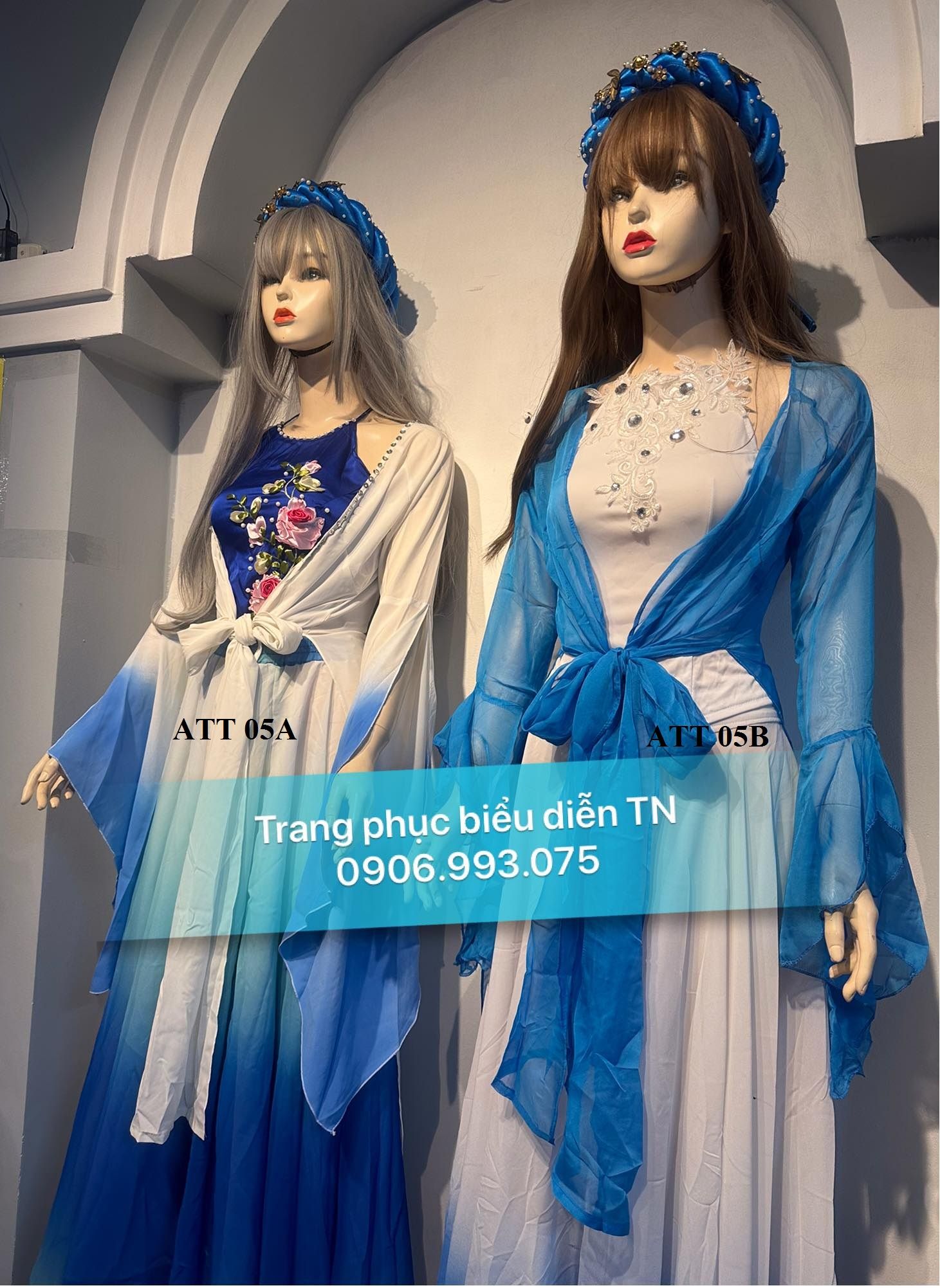 ATT05 (A-B) - Trang phục Áo Tứ Thân Trắng Loang Xanh