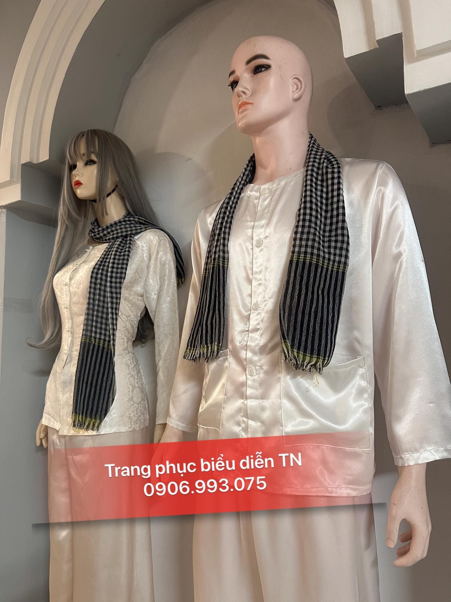 ABB07 - Áo bà ba nam phi bóng,nữ gấm trắng