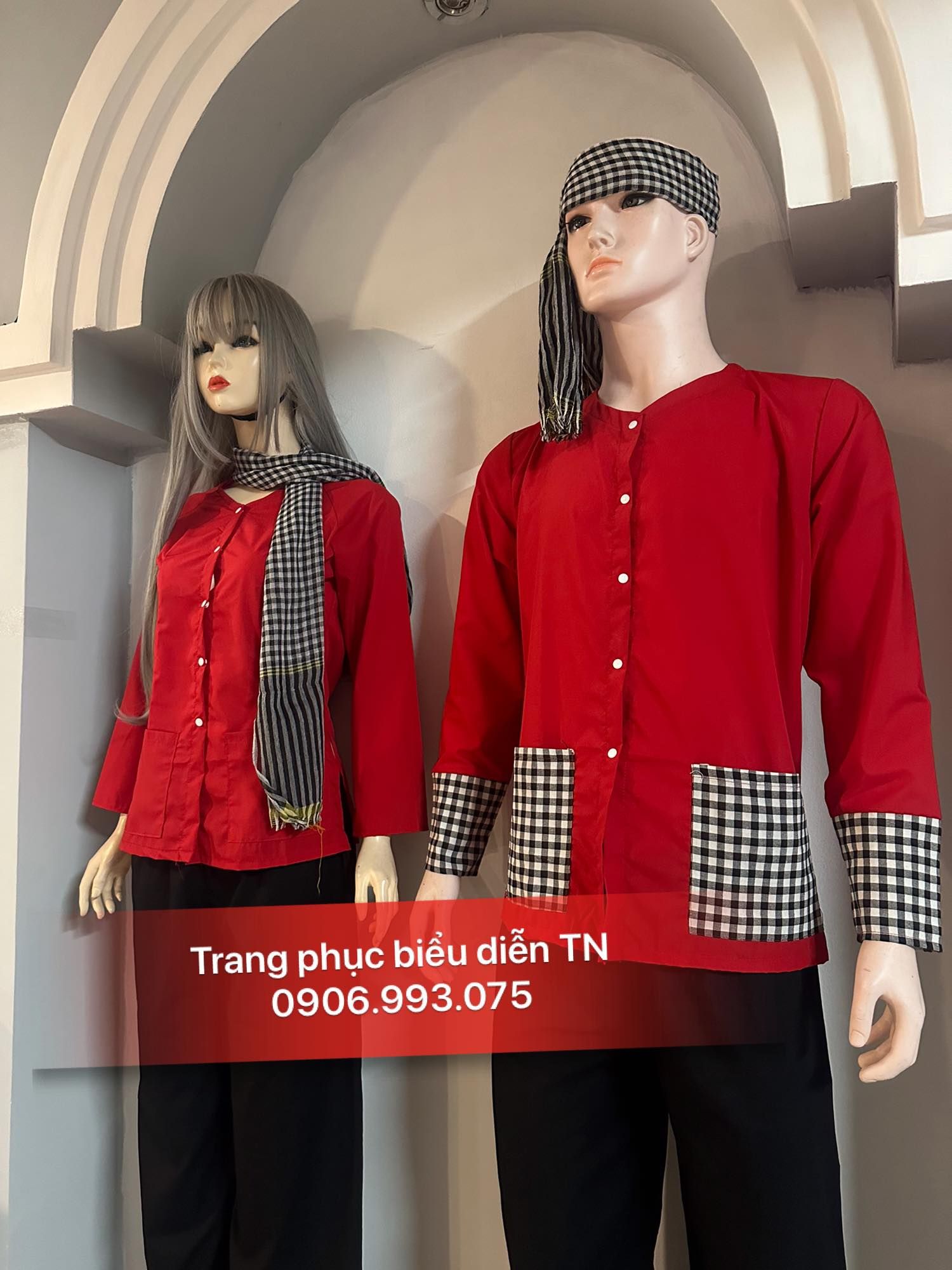 ABB09 - Áo bà ba nam đỏ kate phối caro, nữ kate đỏ