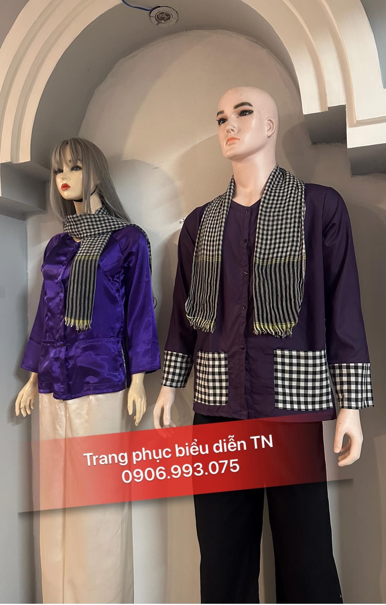 ABB11 - Áo bà ba nam kate tím phối caro, nữ phi bóng tím