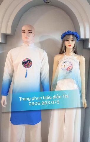  AD60 - Áo Dài Cách Tân Nam Trắng Loang Xanh Dương 