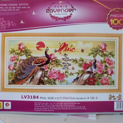 Tranh thêu chữ thập chữ Phúc công mẫu đơn LV3184 size 90x43cm