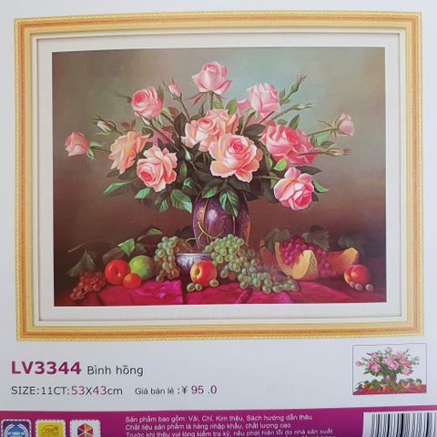 Tranh thêu chữ thập Bình hoa hồng LV3344 size 53x43cm