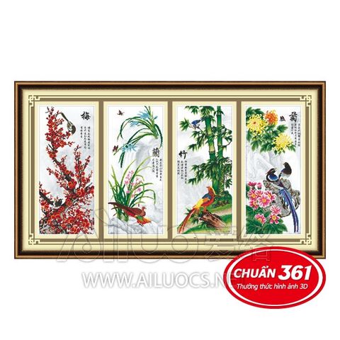 Tranh thêu chữ thập bộ tứ quý mai lan trúc cúc 128x76cm