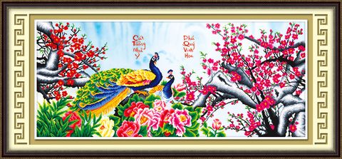 Tranh thêu chữ thập Công cành đào 53475 size 131x62cm