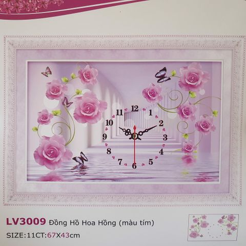 Tranh thêu chữ thập Đồng hồ hoa hồng màu tím LV3009 size 67x43cm