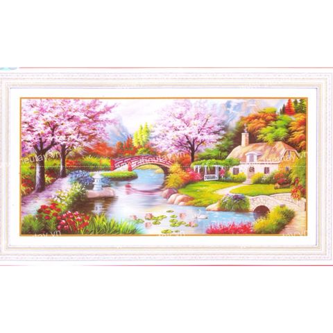 Tranh thêu chữ thập phong cảnh ngôi nhà tổ ấm DLH-88809 size 75x40cm