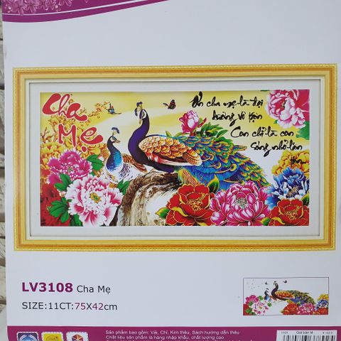 Tranh thêu chữ thập Cha mẹ công mẫu đơn LV3108 size 75x42cm