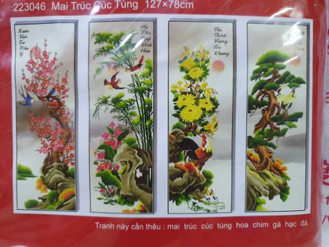 Tranh thêu chữ thập tứ quý Mai cúc trúc tùng DLH-223046 size 127x78cm