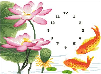 Tranh thêu chữ thập đồng hồ hoa sen cá IST179 / PST179