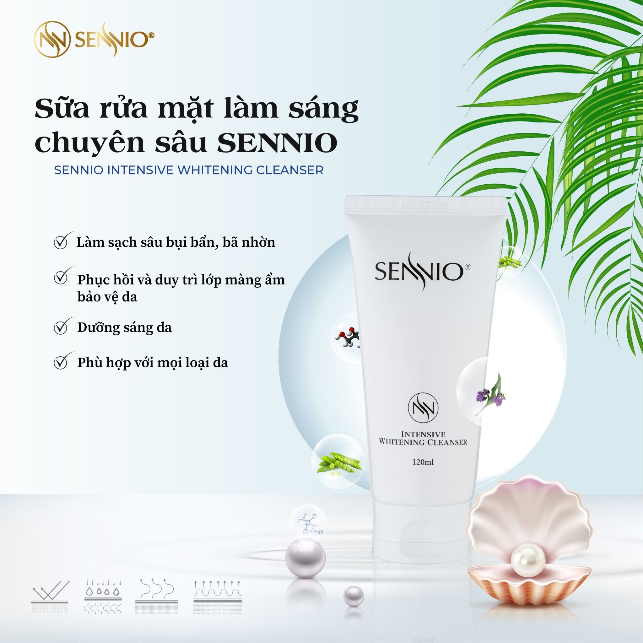 Sữa rửa mặt dưỡng trắng da Sennio Intensive Whitening Cleanser tạo bọt cấp ẩm phù hợp cho da nhạy cảm 120ml