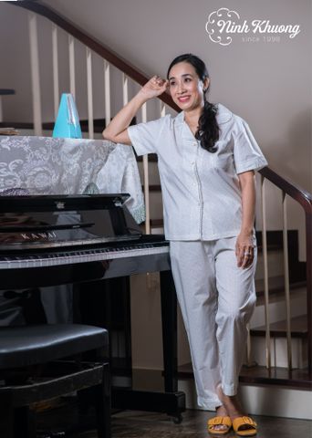  Bộ daltol nữ tay ngắn quần dài trắng chấm bi viền ren 