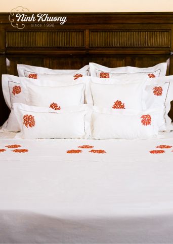 Bedding set: Duvet cover, fitted sheet, double bed pillows - Orange Coral (duvet cover 220x240, fitted sheet 270x320, pillows 50x70, 60x60, 45x45, 25x50/pair) - quilted wrap. 