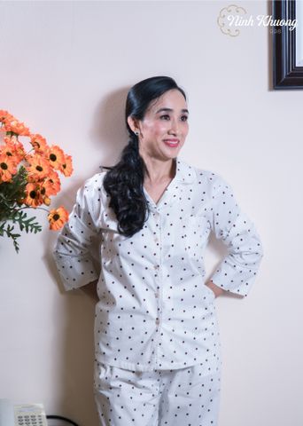  Bộ daltol nữ tay dài quần dài trắng chấm bi viền ren 