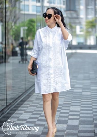 Đầm(áo) sơ mi dấu quần rua bông hồng 