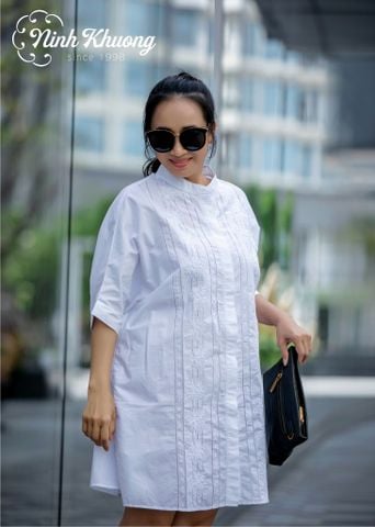  Đầm(áo) sơ mi dấu quần rua bông hồng 