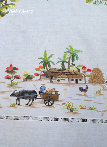  The rectangular tablecloth embroidered with special patterns in collaboration with farmers - 8 pieces - 250x175 - Linen. 