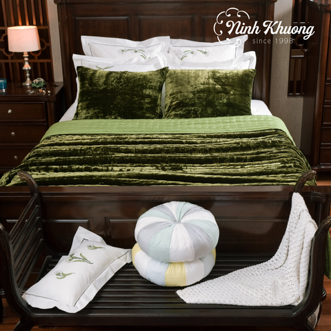  [SET] Mền gối nhung lụa (Xanh rêu) | Hàng đặt riêng 