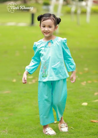  Bộ bé gái tay dài quần dài nơ cổ cột dây 