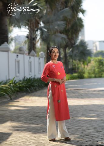  Áo dài đỏ người lớn linen 