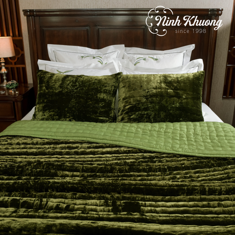  [SET] Mền gối nhung lụa (Xanh rêu) | Hàng đặt riêng 