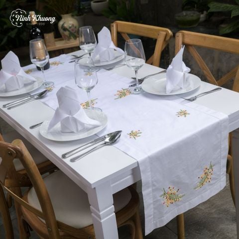  Long tray with mimosa, yellow daisies, and silver glitter leaves 