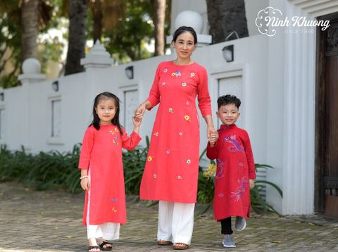  Áo dài Linen cao cấp Bé gái hoạ tiết Thêu tay 